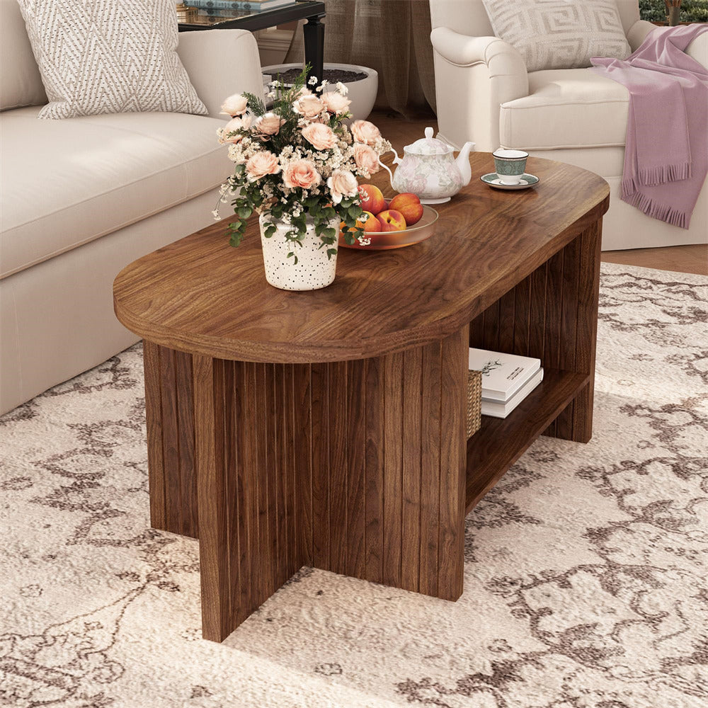 Walnut 43.3" Wood Farmhouse Fluted Oval Coffee Table with Storage with Large Storage Shelf