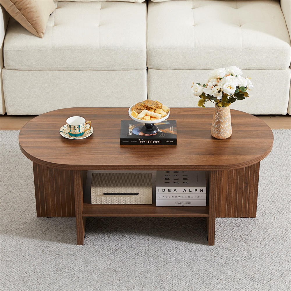 Walnut 43.3" Wood Farmhouse Fluted Oval Coffee Table with Storage with Large Storage Shelf