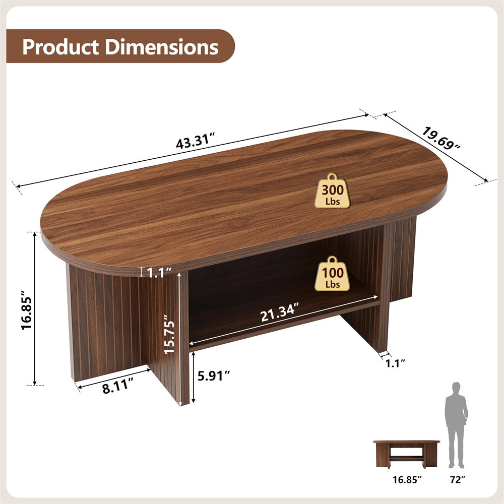 Walnut 43.3" Wood Farmhouse Fluted Oval Coffee Table with Storage with Large Storage Shelf