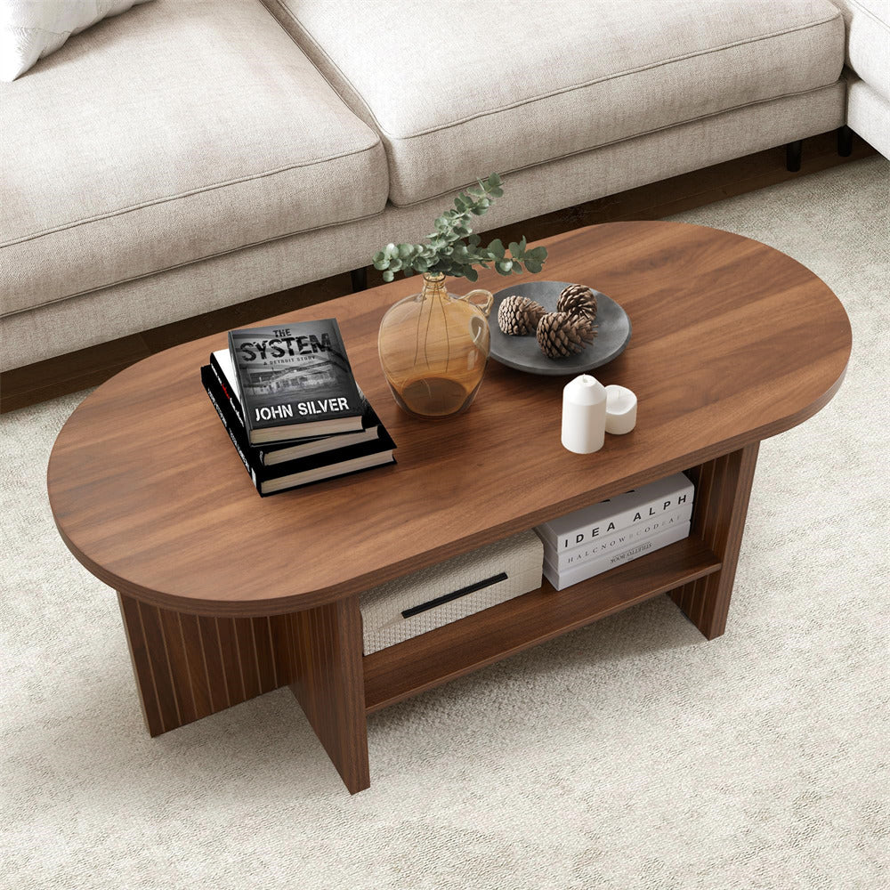 Walnut 43.3" Wood Farmhouse Fluted Oval Coffee Table with Storage with Large Storage Shelf