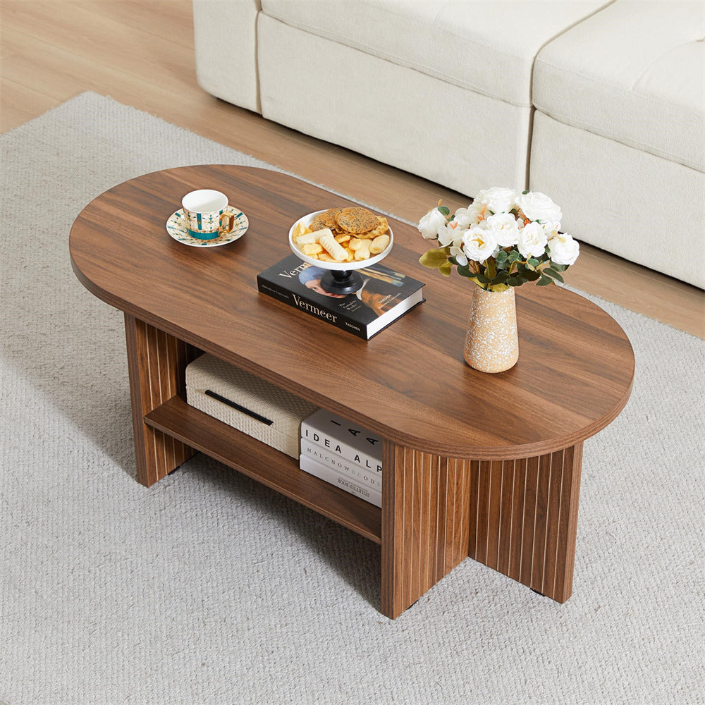 Walnut 43.3" Wood Farmhouse Fluted Oval Coffee Table with Storage with Large Storage Shelf