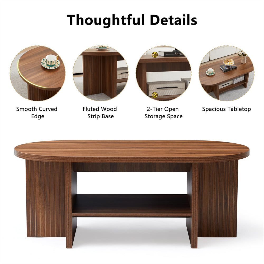 Walnut 43.3" Wood Farmhouse Fluted Oval Coffee Table with Storage with Large Storage Shelf