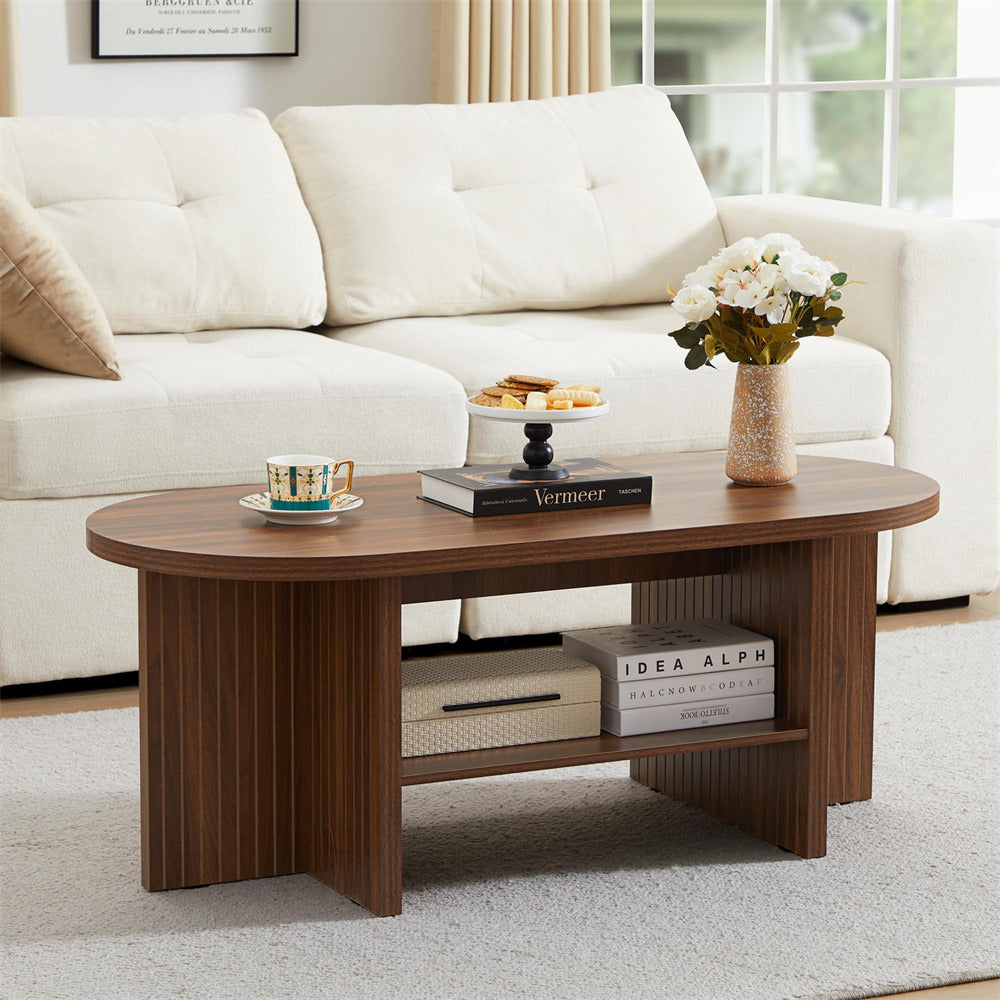 Walnut 43.3" Wood Farmhouse Fluted Oval Coffee Table with Storage with Large Storage Shelf