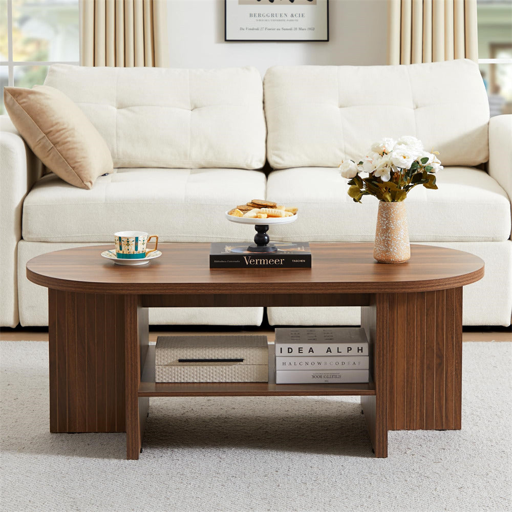 Walnut 43.3" Wood Farmhouse Fluted Oval Coffee Table with Storage with Large Storage Shelf