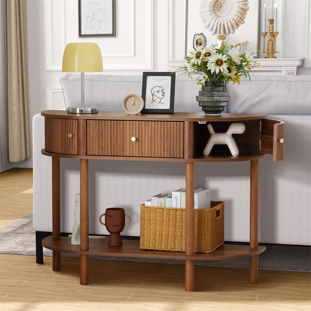 Walnut 43.3“ Fluted Half Moon Modern Entryway Console Table with Storage