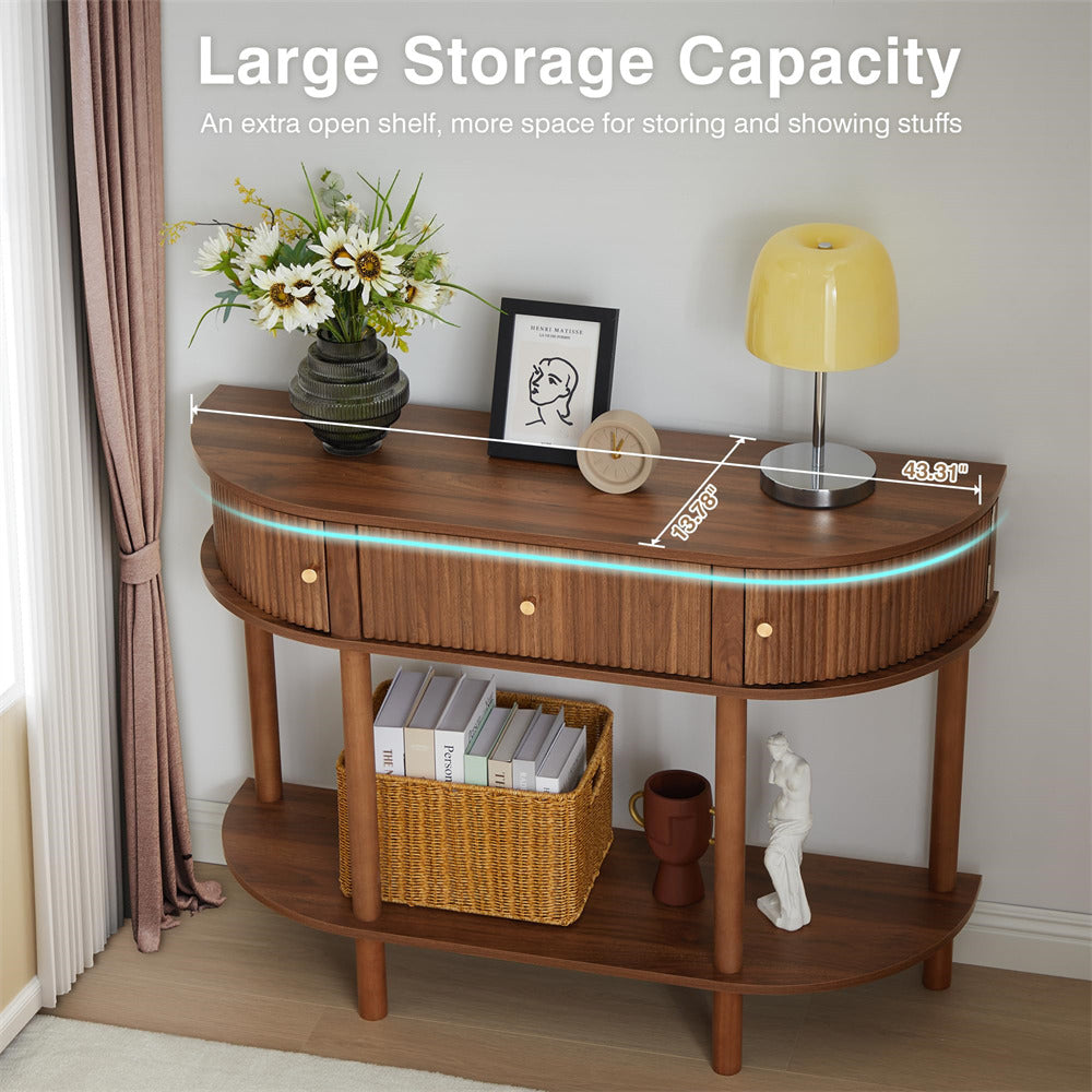 Walnut 43.3“ Fluted Half Moon Modern Entryway Console Table with Storage