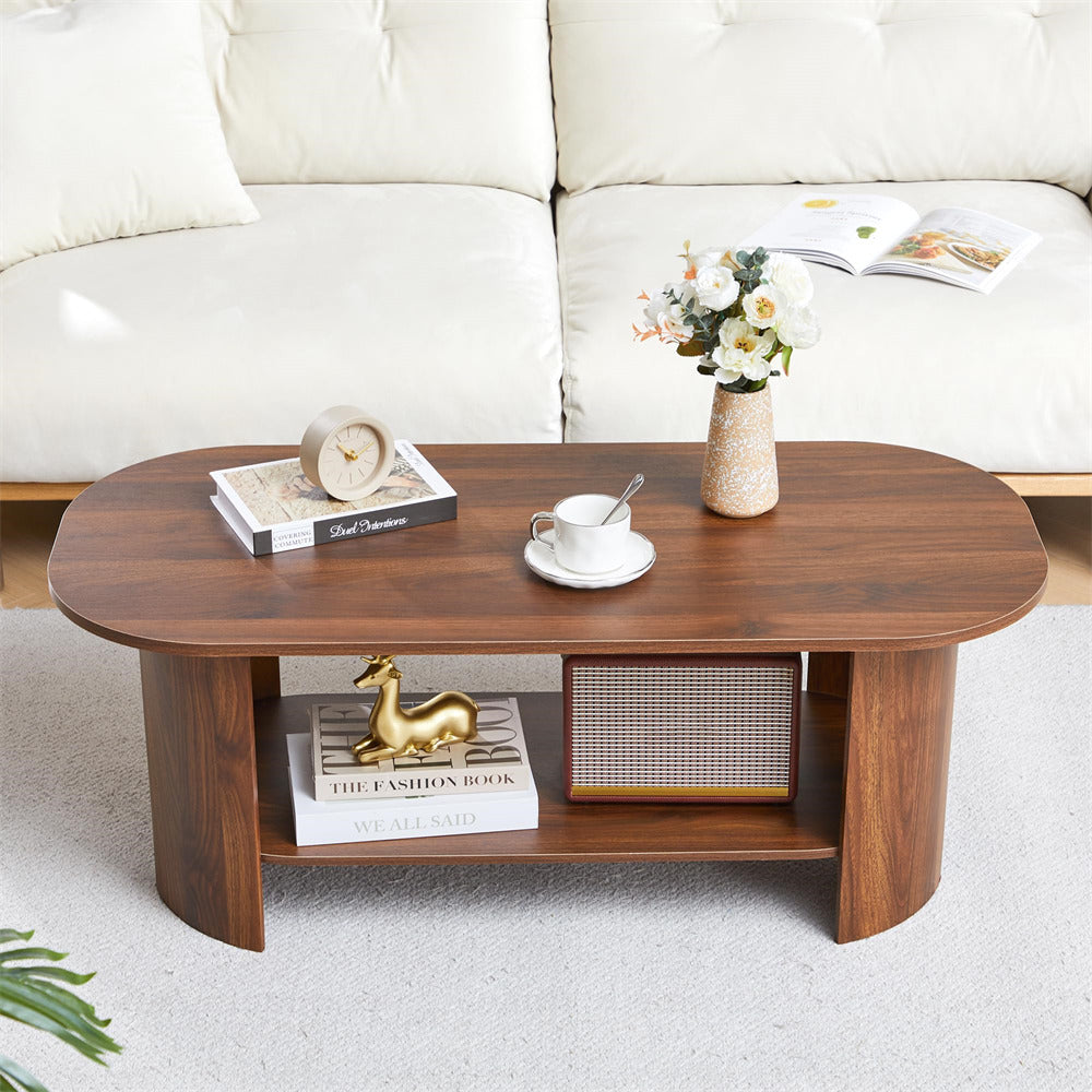 Wooden coffee table with decorative items in a living room setting