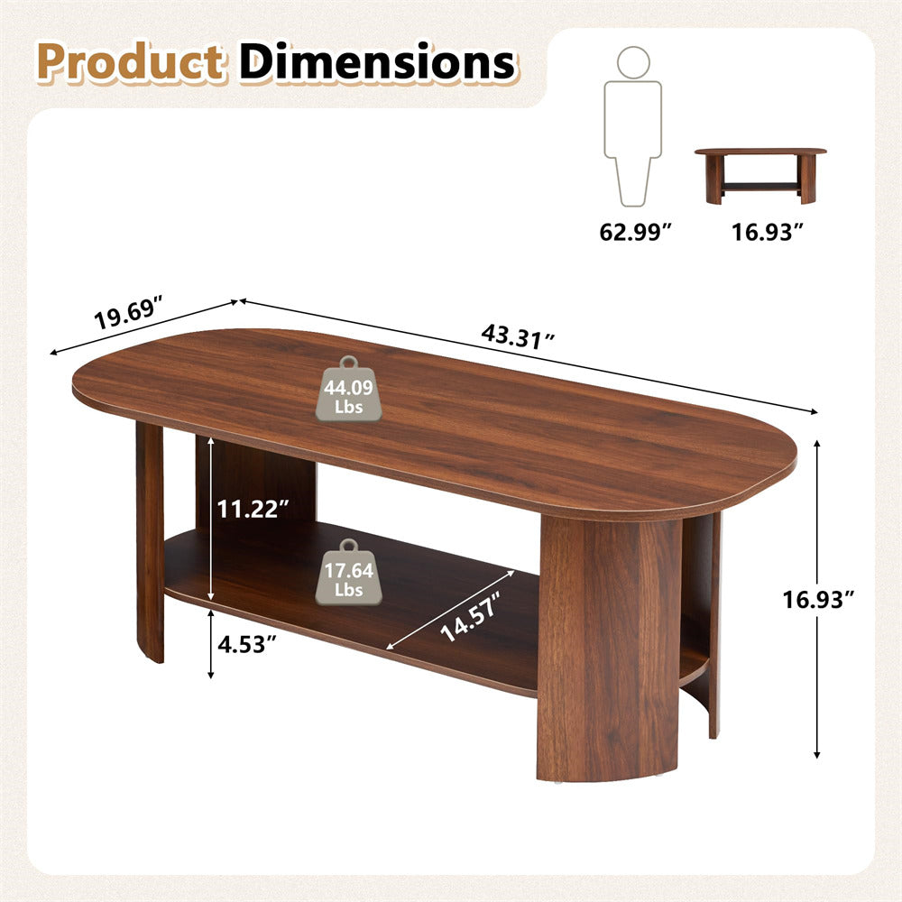 Wooden coffee table with dimensions and weight displayed