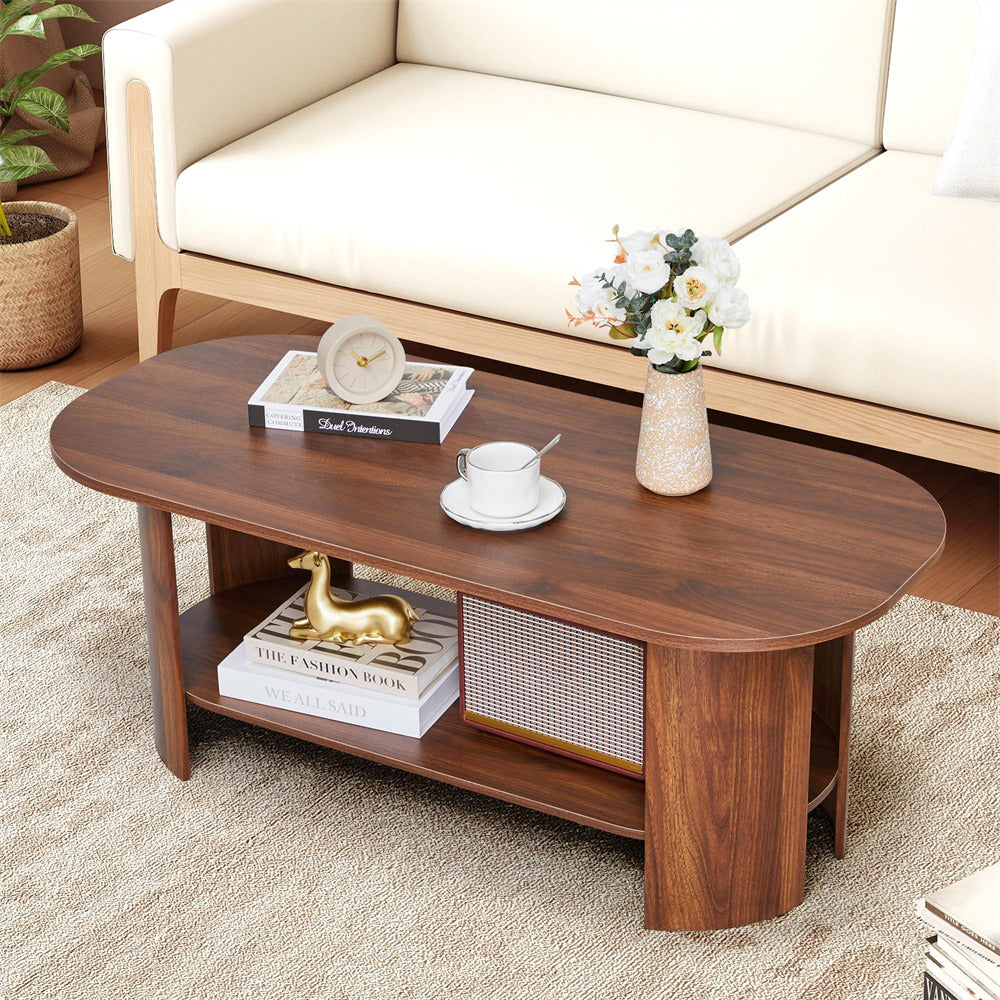Wooden coffee table with decorative items in a living room setting