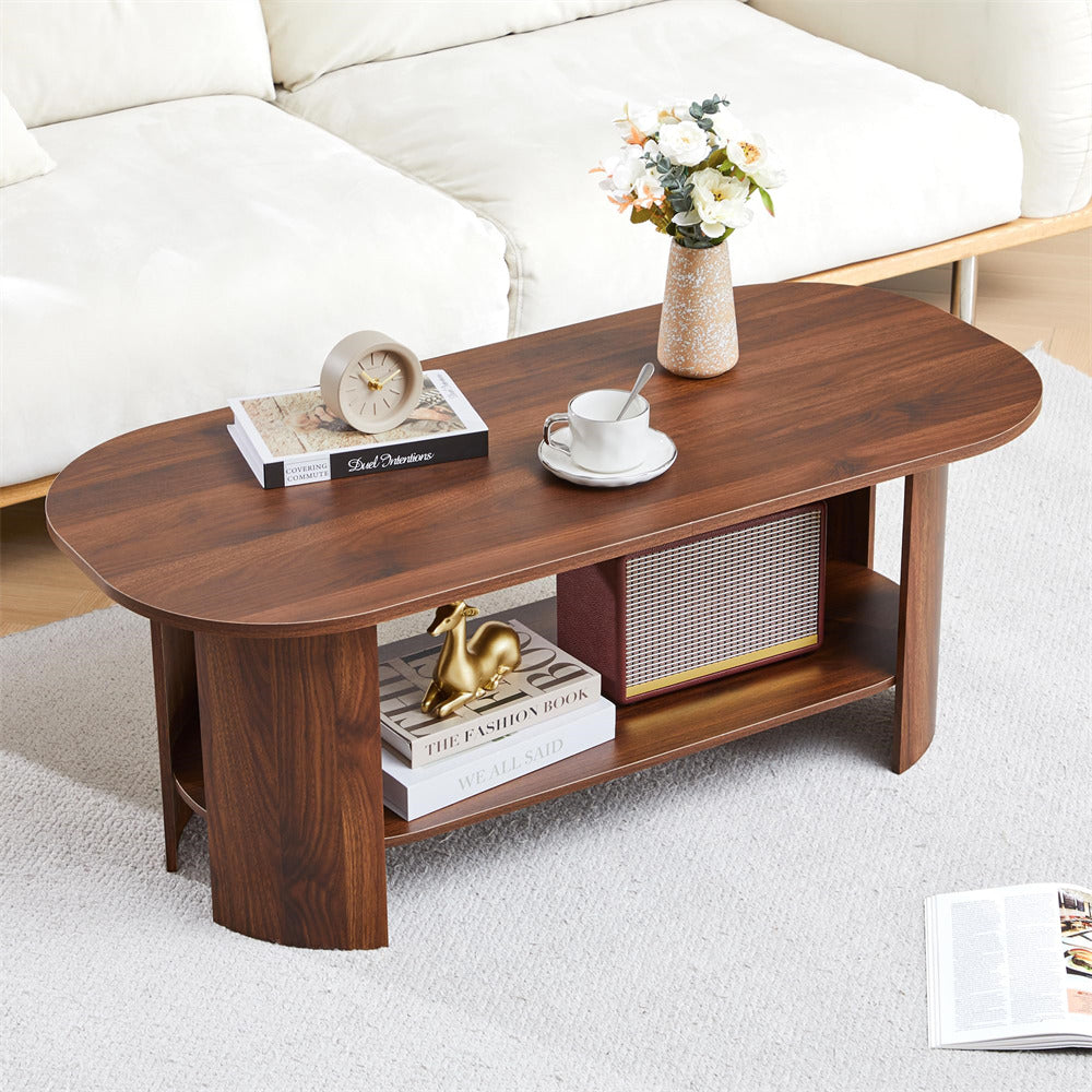 Wooden coffee table with decorative items in a living room setting