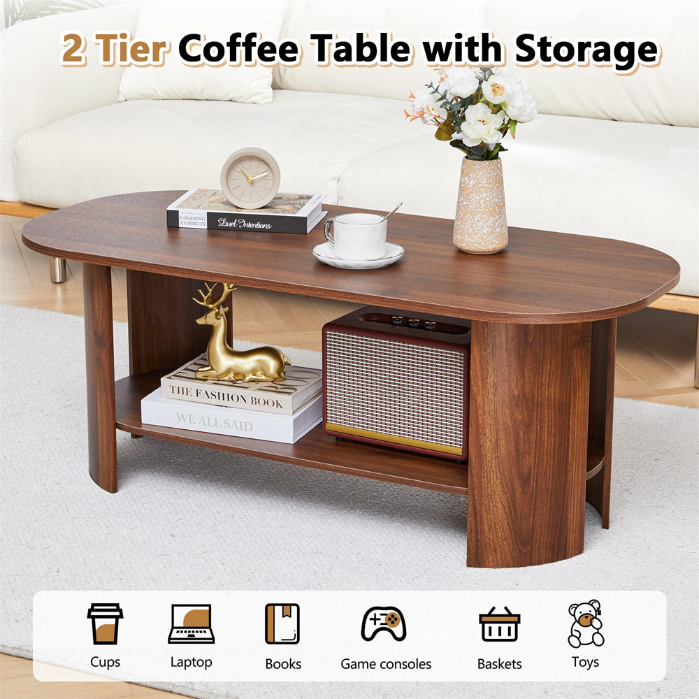 Wooden two-tier coffee table with storage in a living room setting.