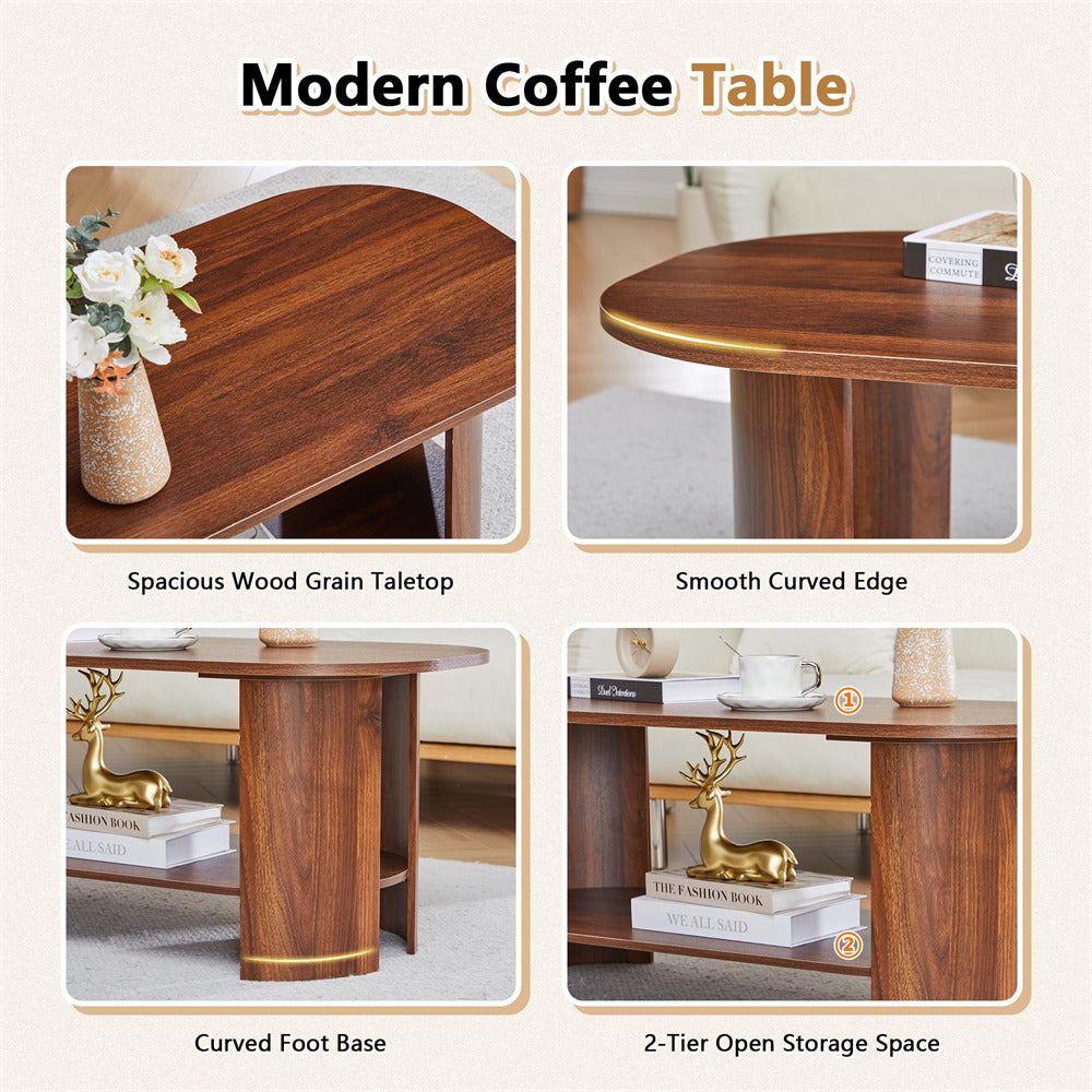 Modern coffee table with wood grain surface, curved edge, and storage space.