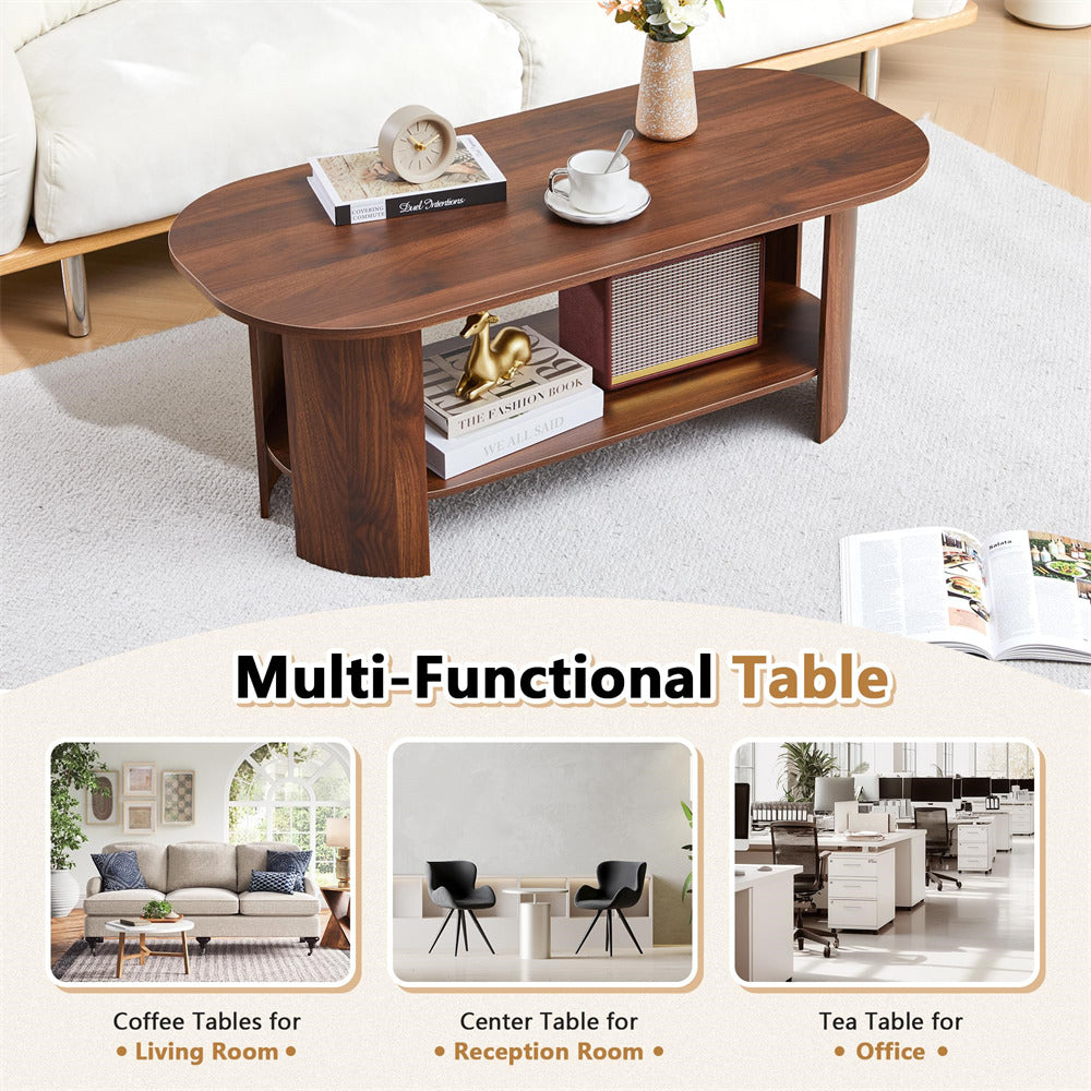 Wooden multi-functional table in a living room setting with text indicating its uses.