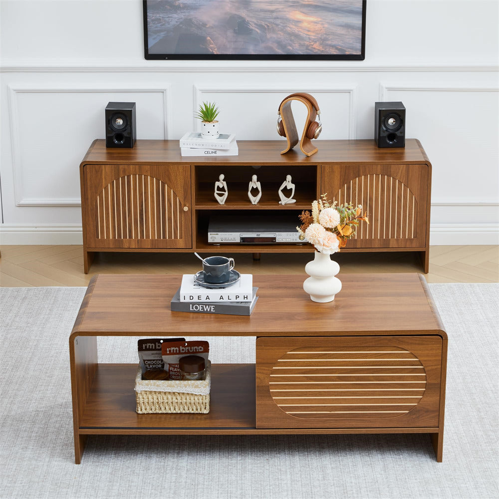 Walnut 43" Wood Coffee Table Two-Sided Storage with Striped Pattern & Sliding Door