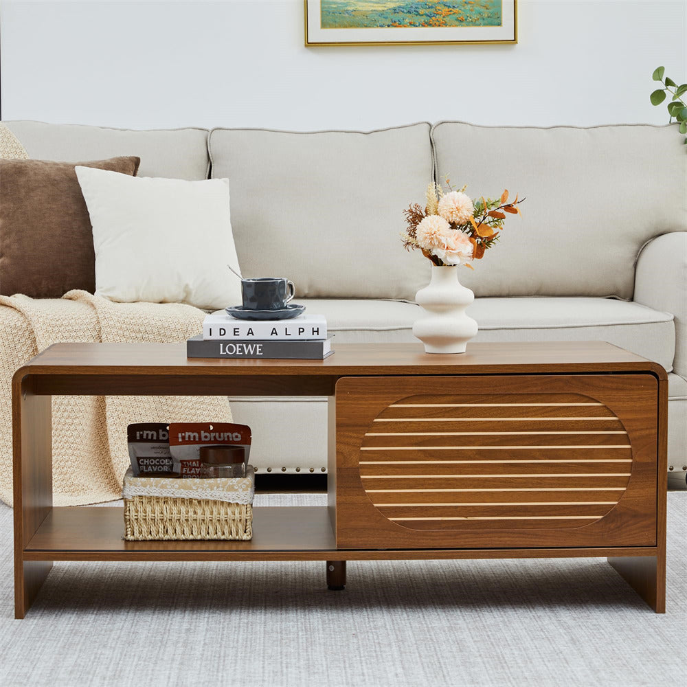 Walnut 43" Wood Coffee Table Two-Sided Storage with Striped Pattern & Sliding Door