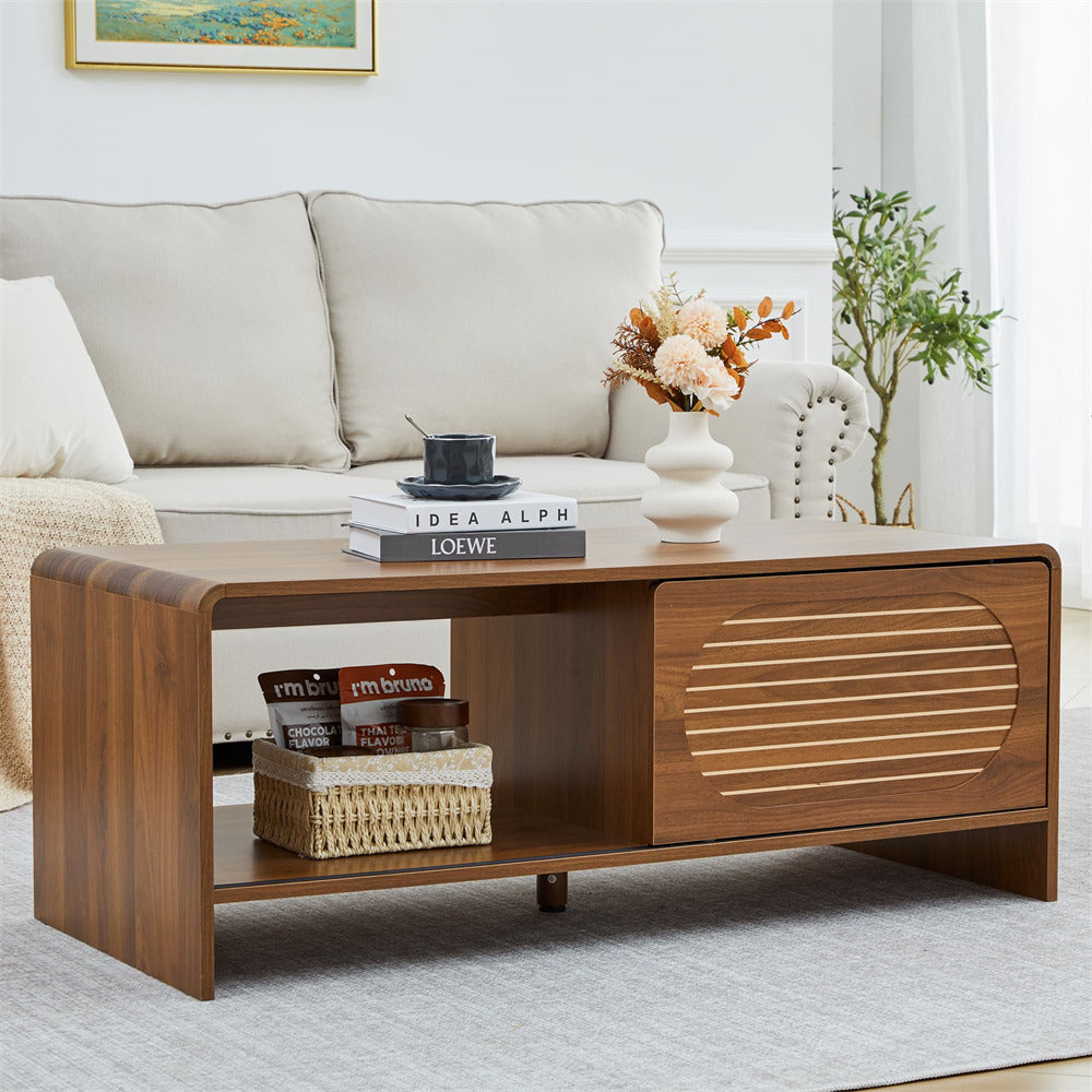 Walnut 43" Wood Coffee Table Two-Sided Storage with Striped Pattern & Sliding Door