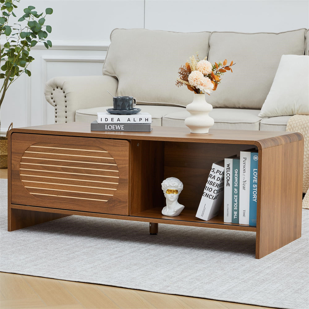 Walnut 43" Wood Coffee Table Two-Sided Storage with Striped Pattern & Sliding Door