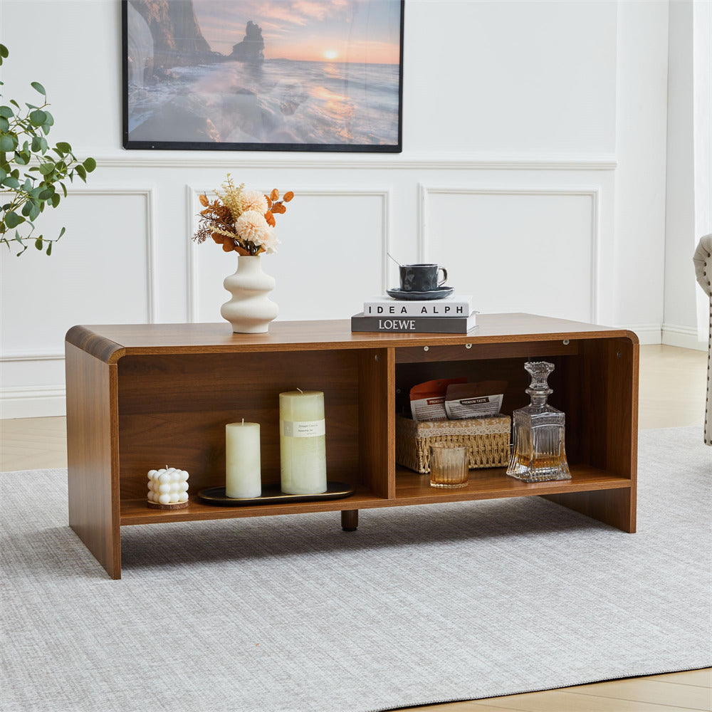 Walnut 43" Wood Coffee Table Two-Sided Storage with Striped Pattern & Sliding Door