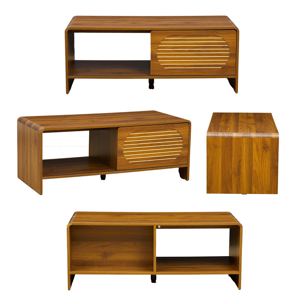 Walnut 43" Wood Coffee Table Two-Sided Storage with Striped Pattern & Sliding Door