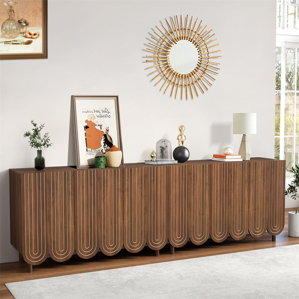 Walnut 47.2" Carved Line 3-Door Storage Cabinet Sideboard with Solid Wood Legs & Adjustable Shelves