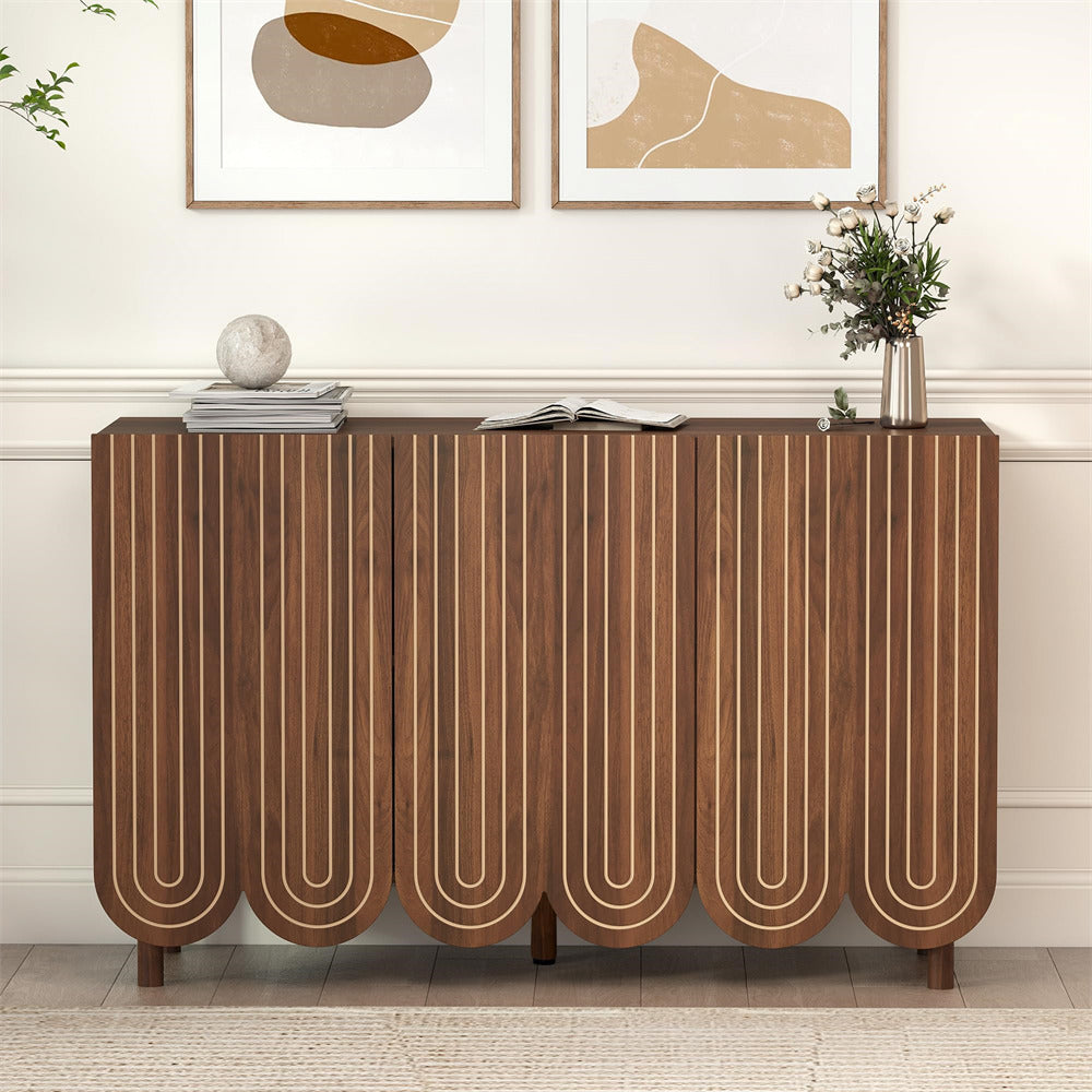 Walnut 47.2" Carved Line 3-Door Storage Cabinet Sideboard with Solid Wood Legs & Adjustable Shelves