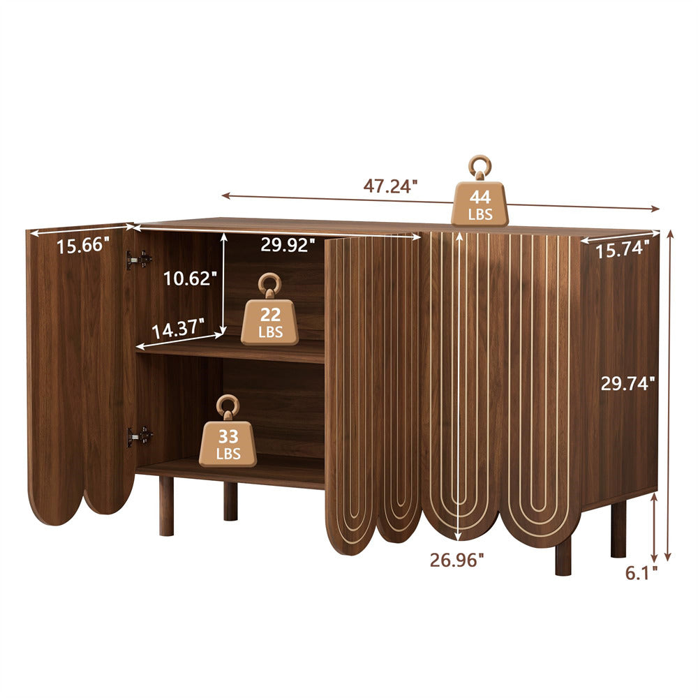 Walnut 47.2" Carved Line 3-Door Storage Cabinet Sideboard with Solid Wood Legs & Adjustable Shelves