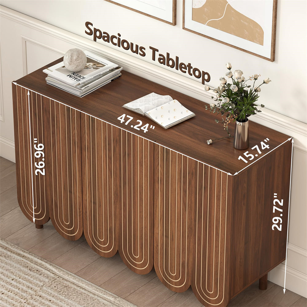 Walnut 47.2" Carved Line 3-Door Storage Cabinet Sideboard with Solid Wood Legs & Adjustable Shelves