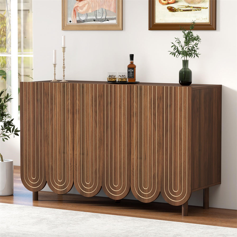 Walnut 47.2" Carved Line 3-Door Storage Cabinet Sideboard with Solid Wood Legs & Adjustable Shelves
