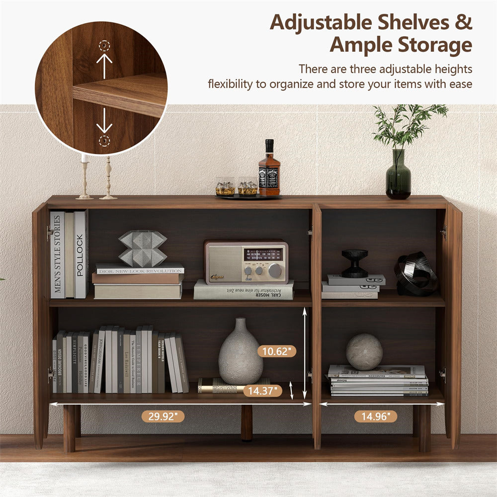 Walnut 47.2" Carved Line 3-Door Storage Cabinet Sideboard with Solid Wood Legs & Adjustable Shelves