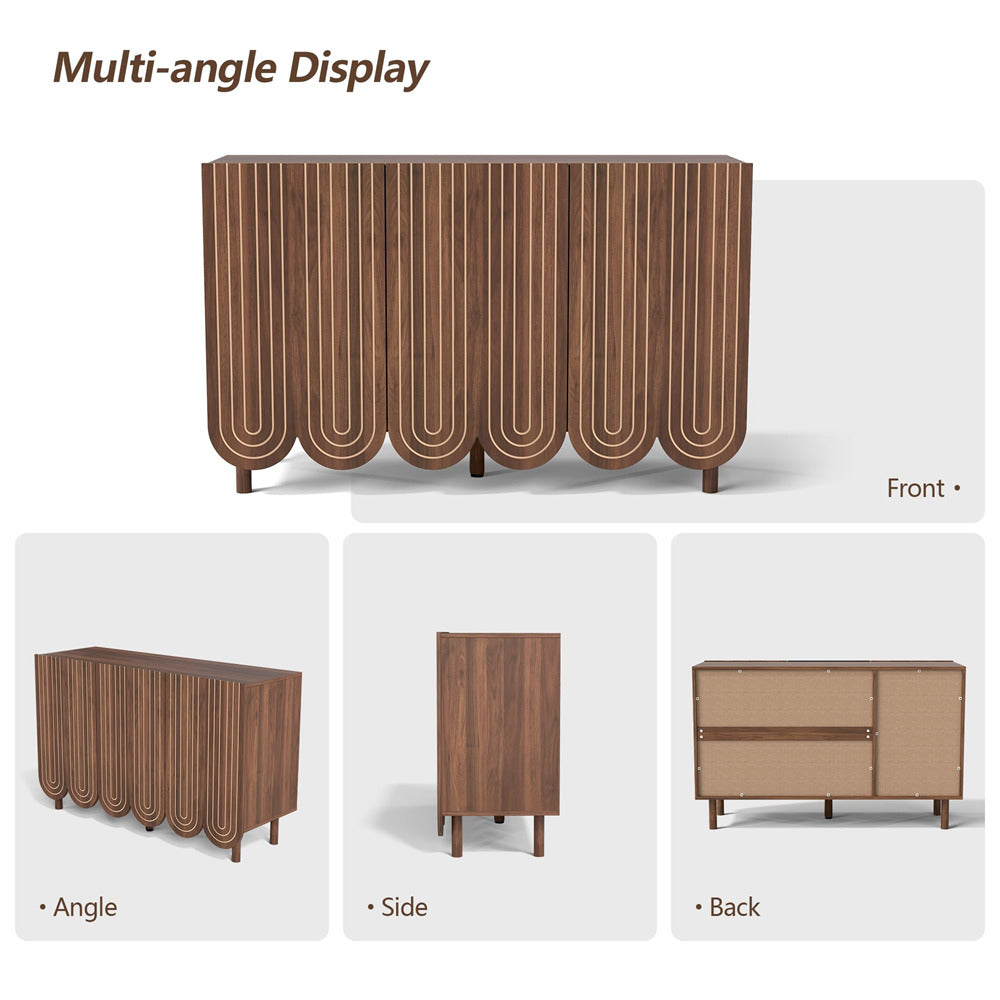 Walnut 47.2" Carved Line 3-Door Storage Cabinet Sideboard with Solid Wood Legs & Adjustable Shelves