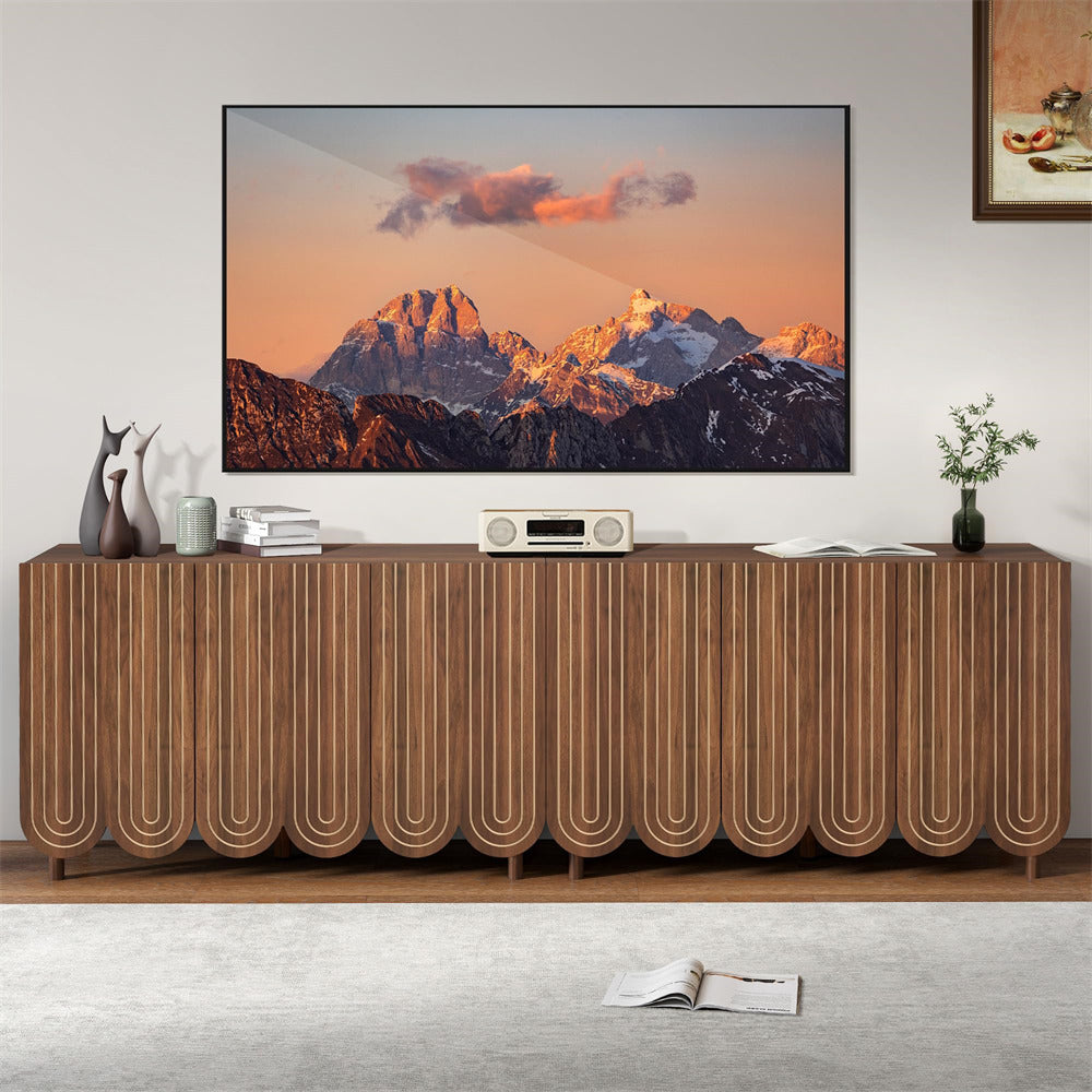 Walnut 47.2" Carved Line 3-Door Storage Cabinet Sideboard with Solid Wood Legs & Adjustable Shelves