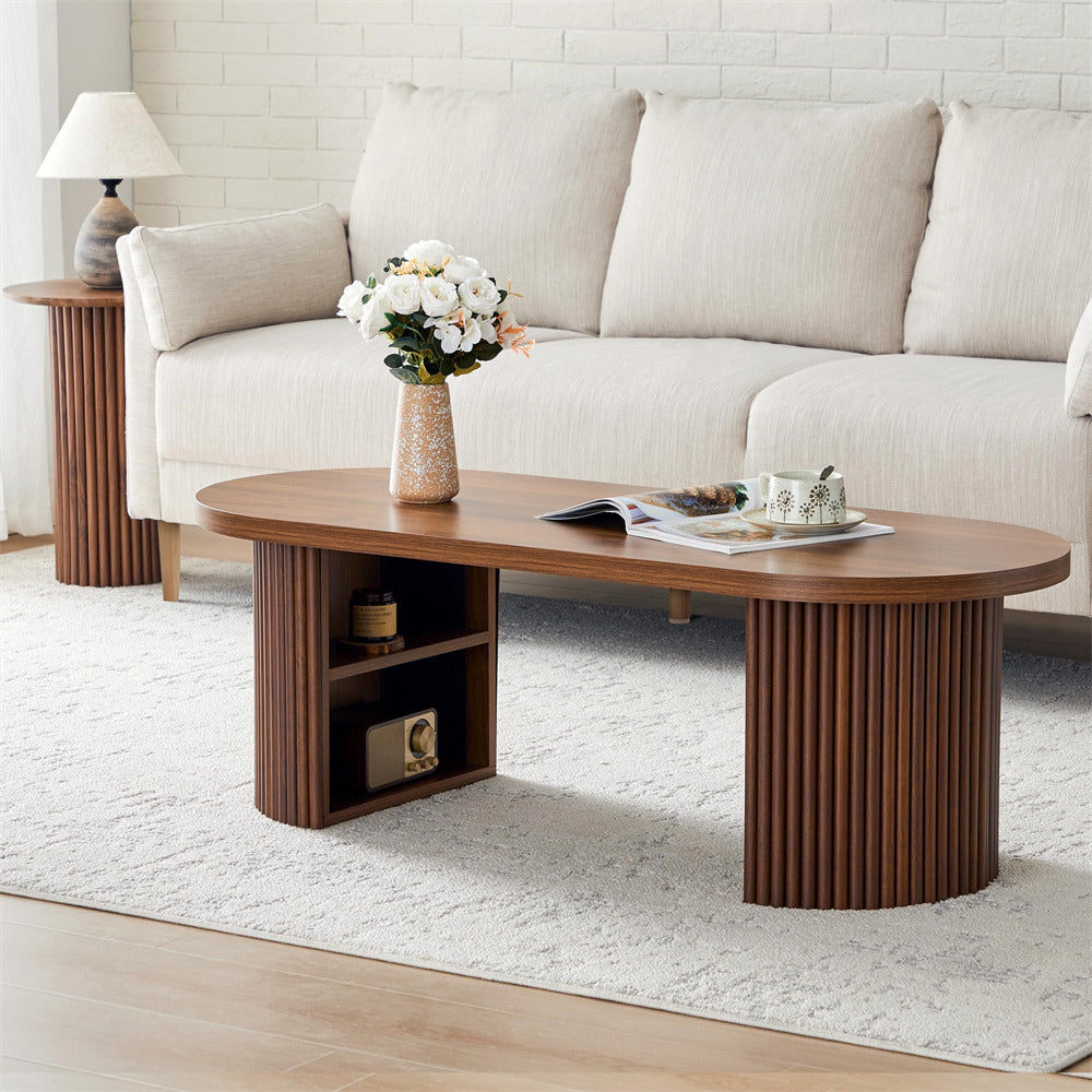 Wooden coffee table with decorative items in a living room setting