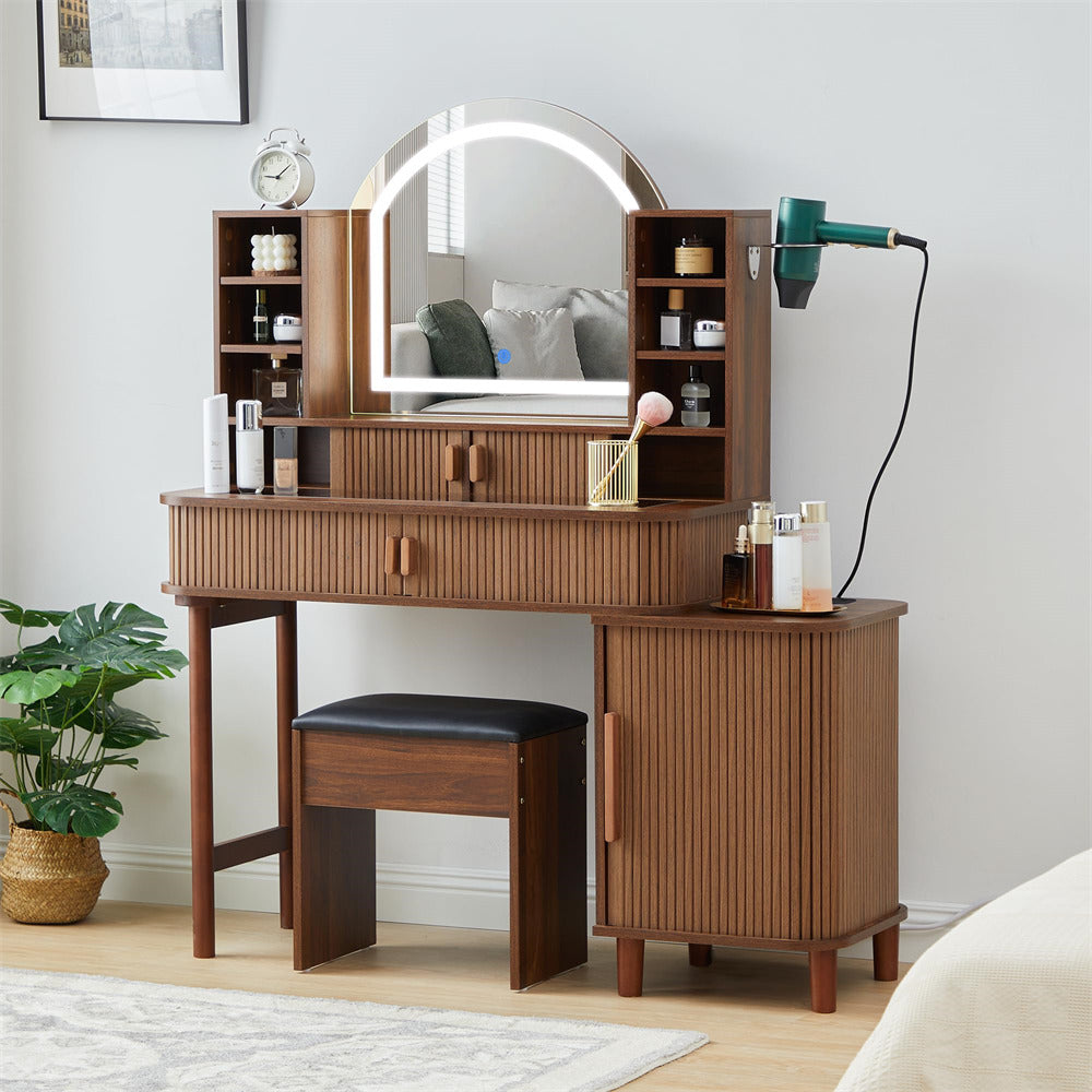 Walnut 47" Modern Makeup Vanity Glass Tabletop with Fluted Sliding Doors and Charging Station