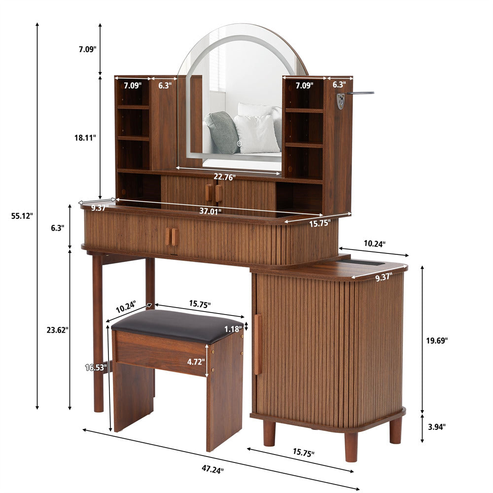 Walnut 47" Modern Makeup Vanity Glass Tabletop with Fluted Sliding Doors and Charging Station Size