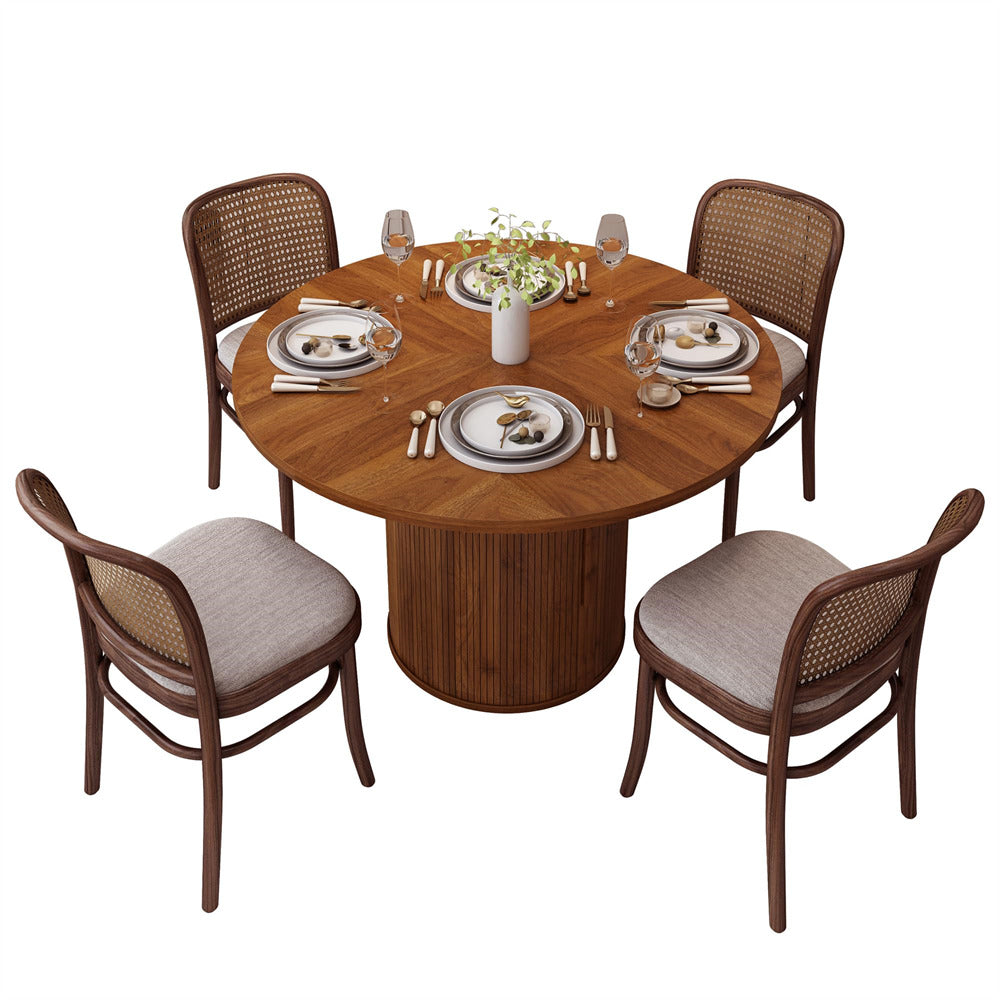 Walnut 47 inch Round Kitchen Dining Table for 4 with 2-Layer Storage Shelf and Wood Slide Door