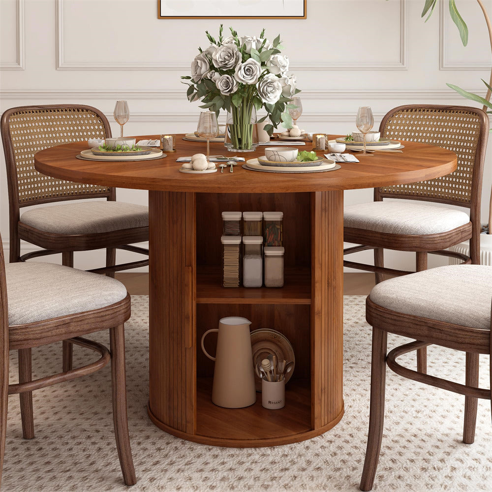 Walnut 47 inch Round Kitchen Dining Table for 4 with 2-Layer Storage Shelf and Wood Slide Door