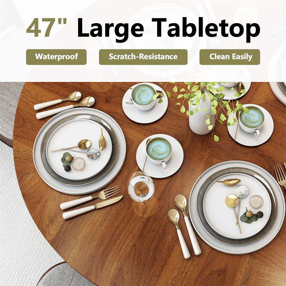 Walnut 47 inch Round Kitchen Dining Table for 4 with 2-Layer Storage Shelf and Wood Slide Door