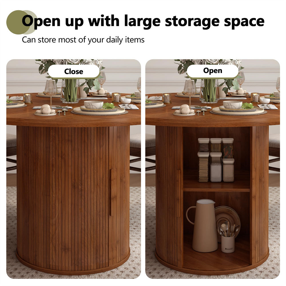 Walnut 47 inch Round Kitchen Dining Table for 4 with 2-Layer Storage Shelf and Wood Slide Door