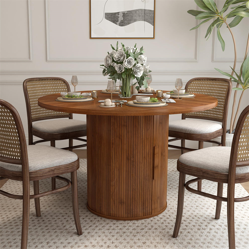 Walnut 47 inch Round Kitchen Dining Table for 4 with 2-Layer Storage Shelf and Wood Slide Door