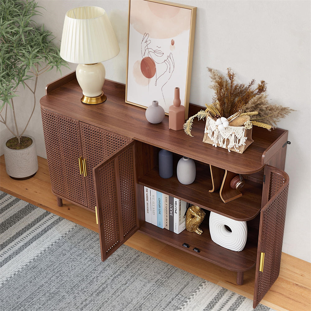 Wooden console table with decorative items in a room setting