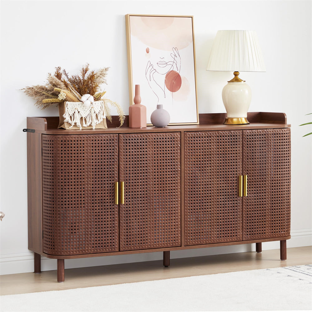 Wooden sideboard with decorative items against a white wall