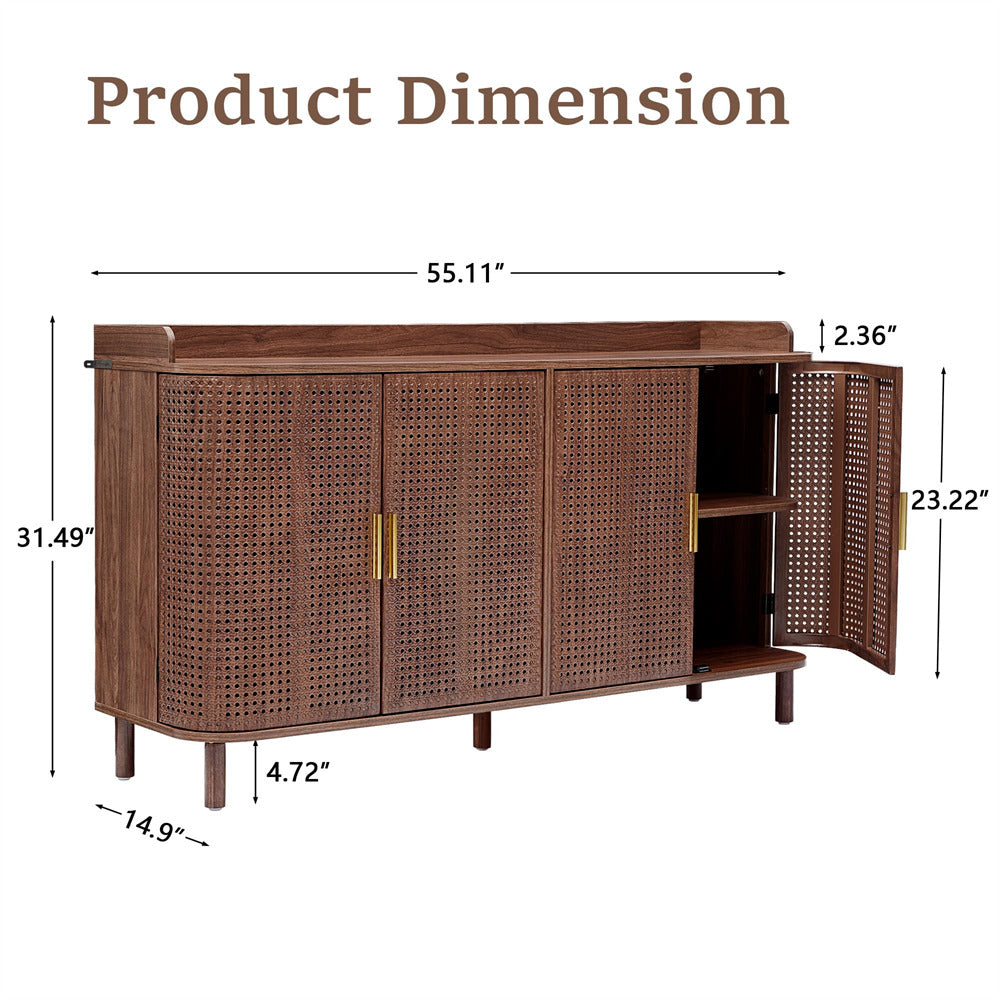 Wooden cabinet with wicker doors and dimensions labeled