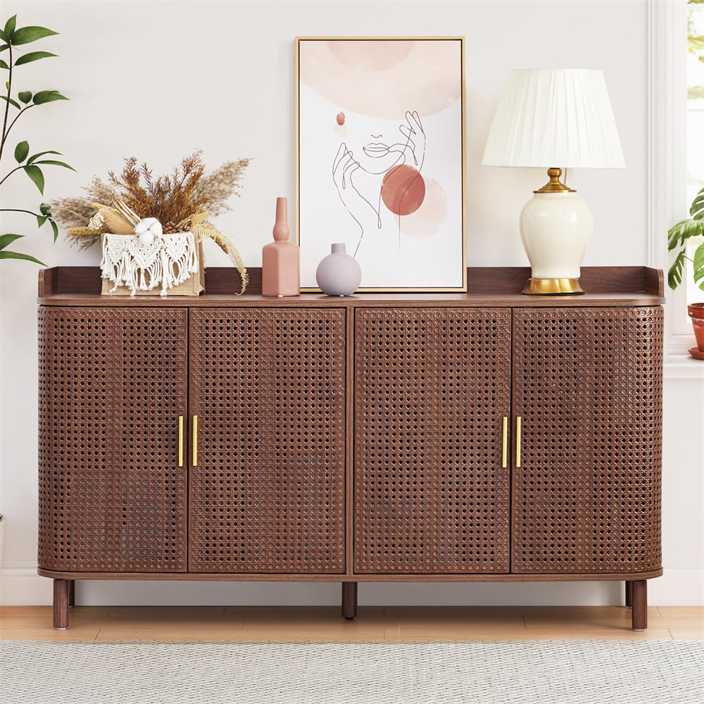 Woven wooden sideboard with decorative items in a room setting
