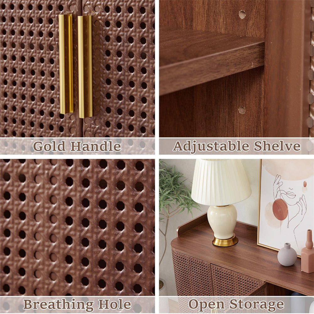Collage of a wooden cabinet with gold handle, adjustable shelf, breathing holes, and open storage.
