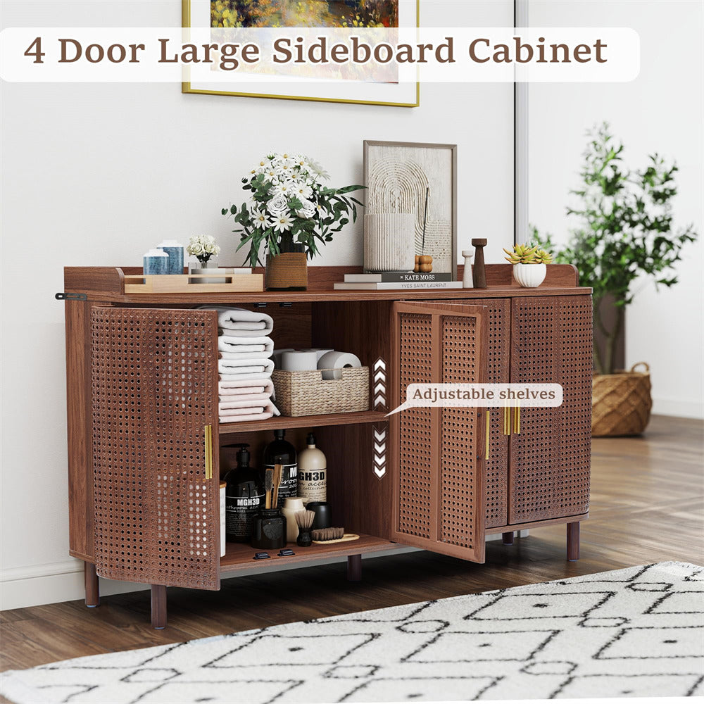 Wooden sideboard cabinet with adjustable shelves in a room setting.