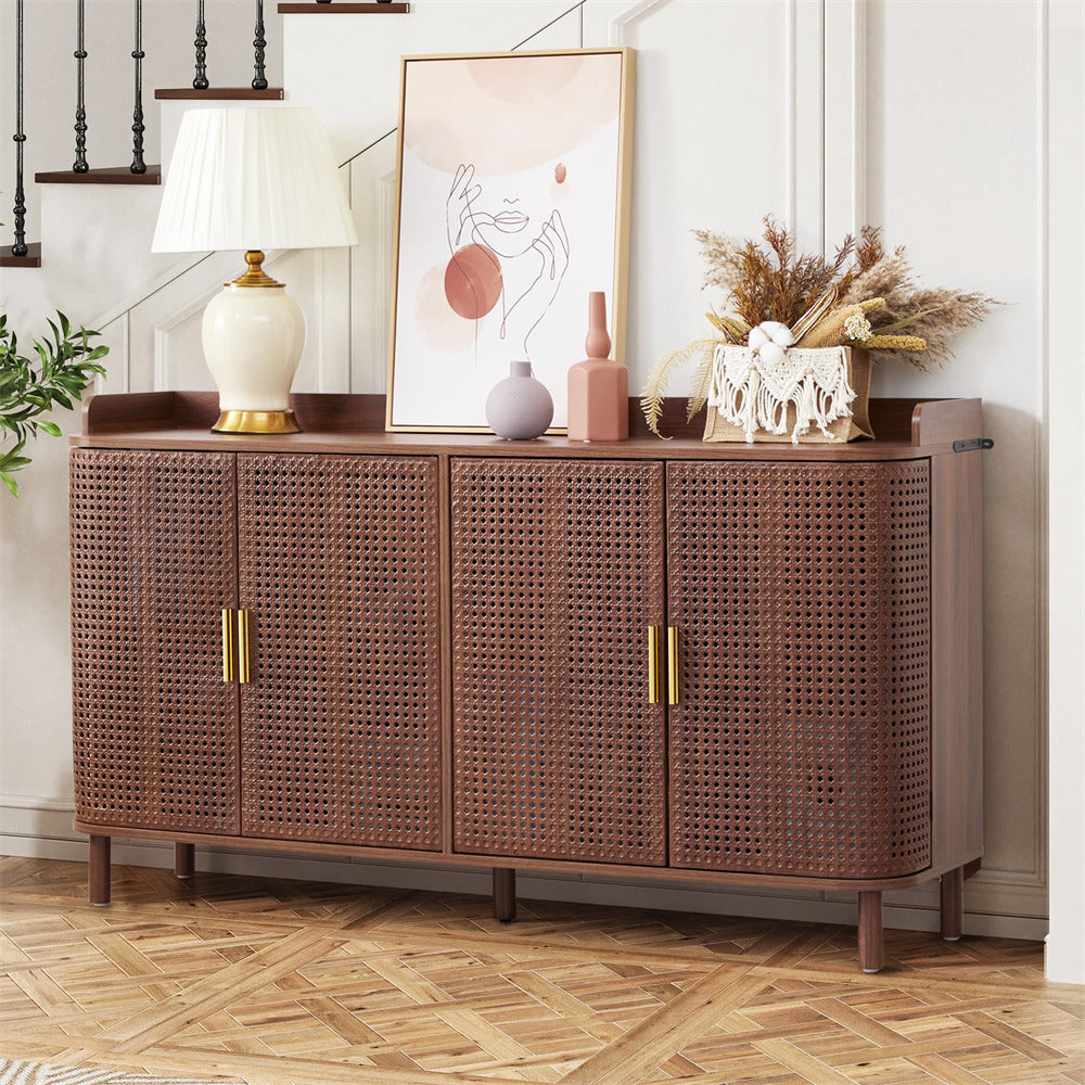 Woven wooden sideboard with decorative items in a home setting