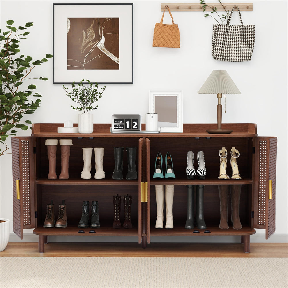 Wooden shoe cabinet with shoes and decor items in a room setting