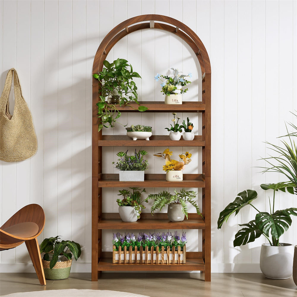 Walnut 5-Tier Modern Arched Wood Open Bookshelf Home Office Storage Display Rack