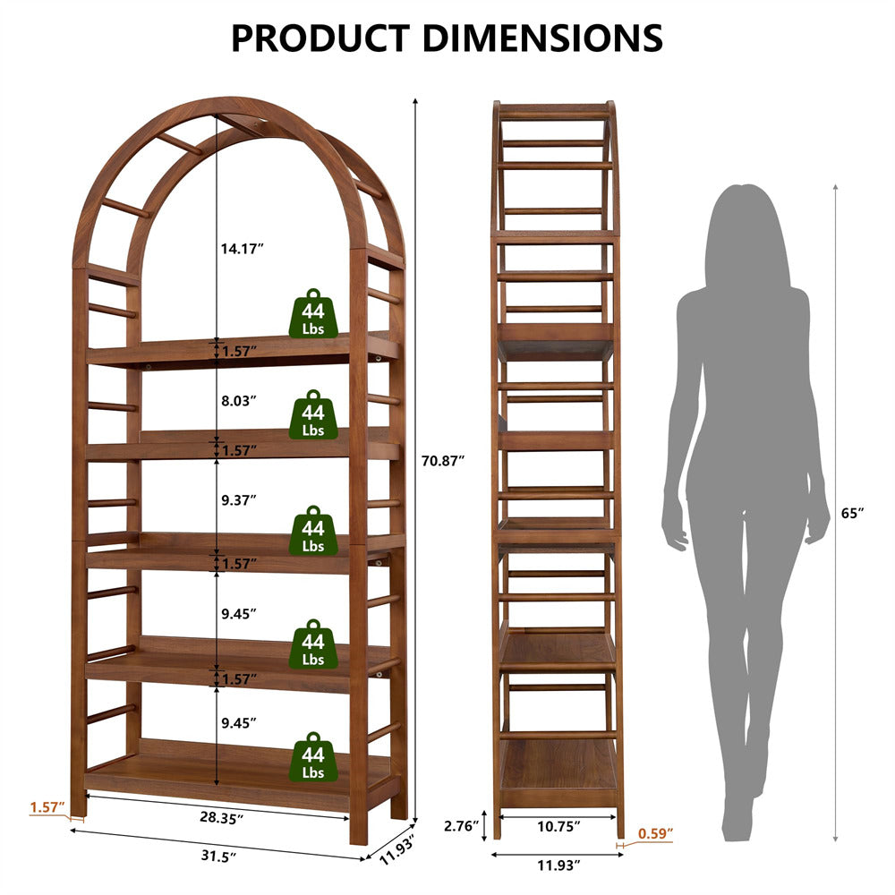 Wooden bookshelf with dimensions and weight capacity indicators, shown next to a person for scale.