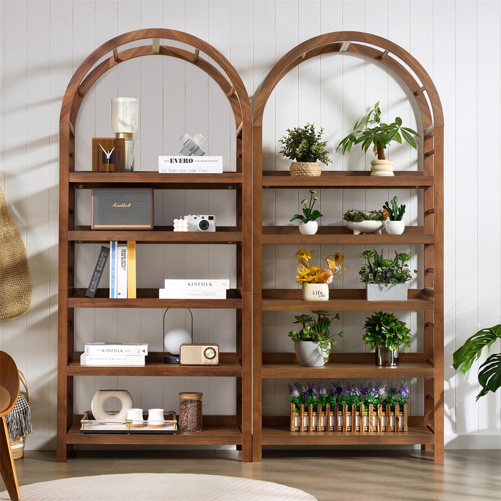 Wooden bookshelf with decorative items against a white wall